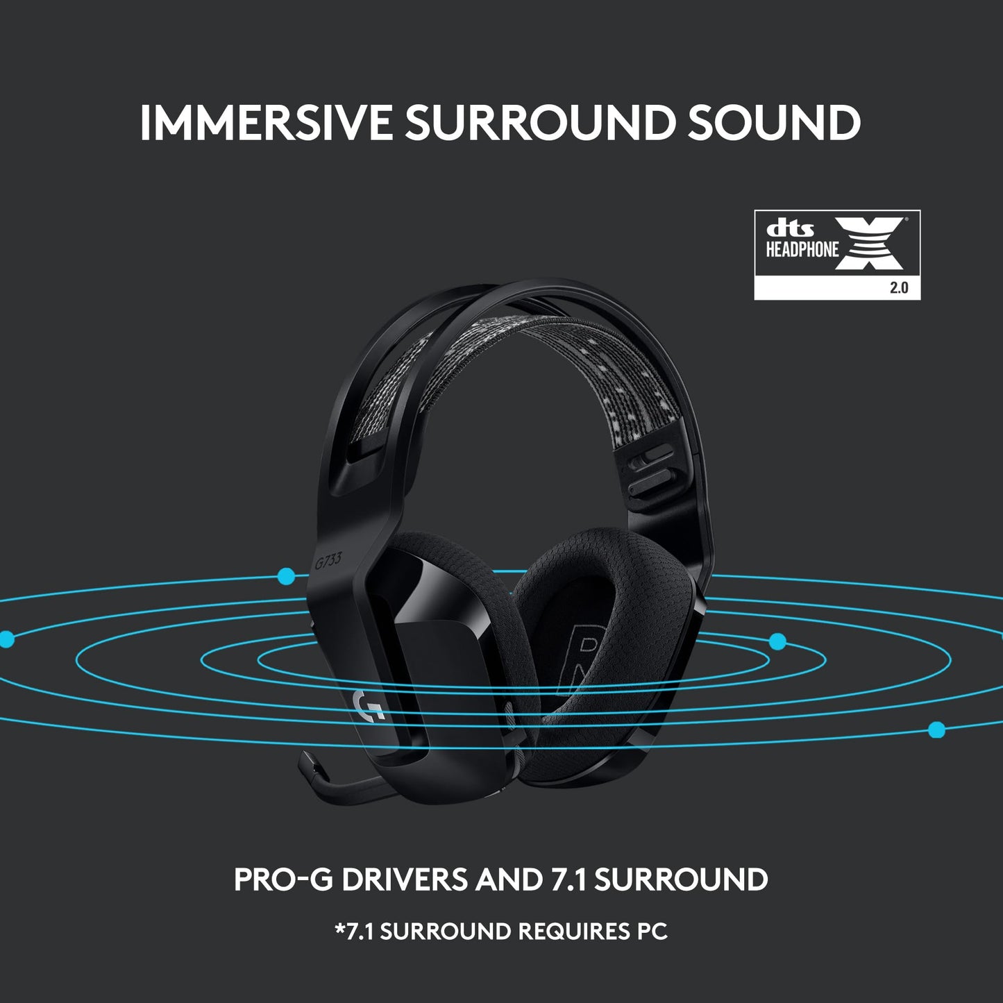 Logitech G733 Lightspeed Wireless Gaming Headset with Suspension Headband, LIGHTSYNC RGB, Blue VO!CE mic Technology and PRO-G Audio Drivers, Lightweight, 29 Hour Battery Life, 20m Range - Black