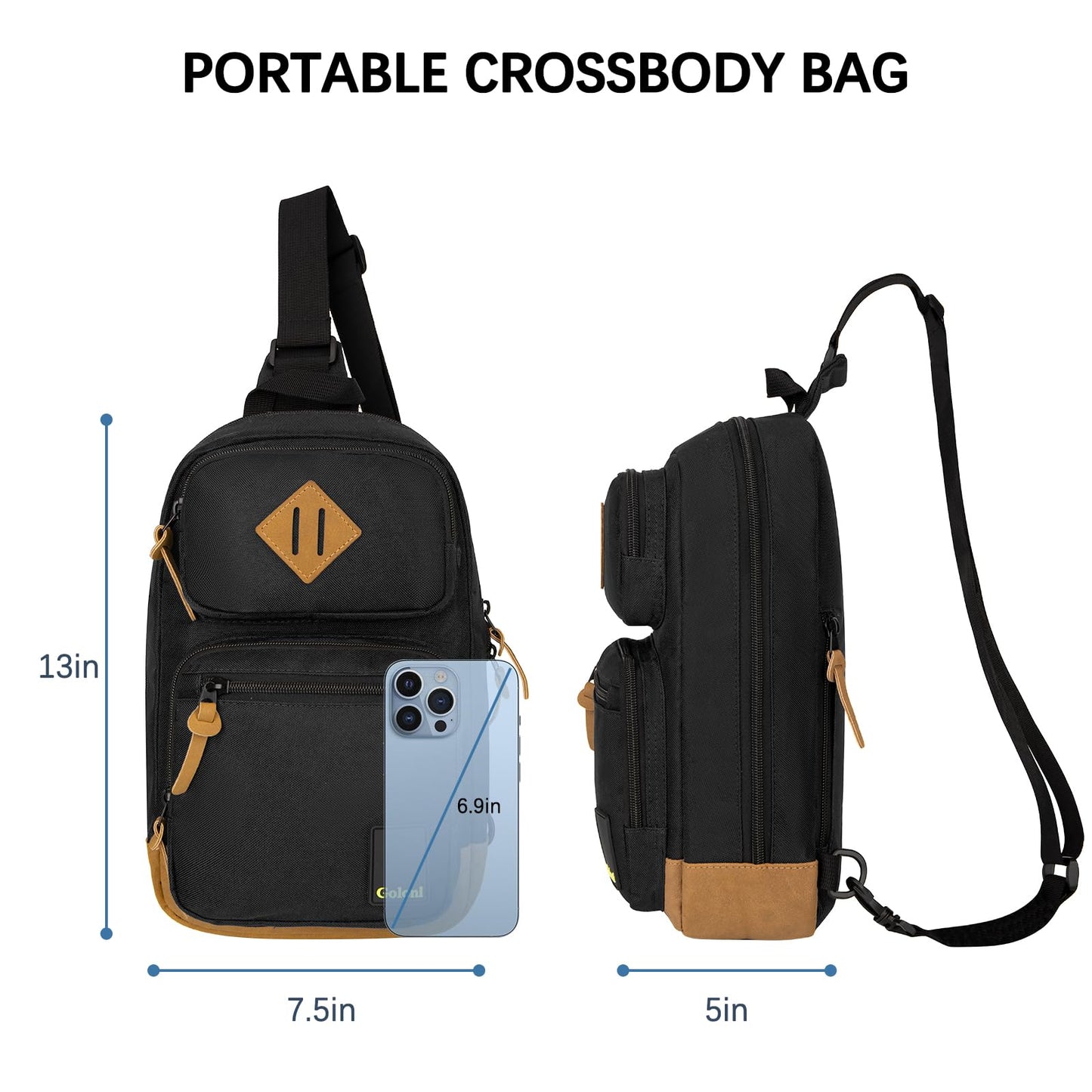 Goloni Sling Bag Crossbody Shoulder Bag for Men Women,Waterproof Lightweight Casual Daypack with Multi-Pockets for Travel Hiking Outdoor,Black