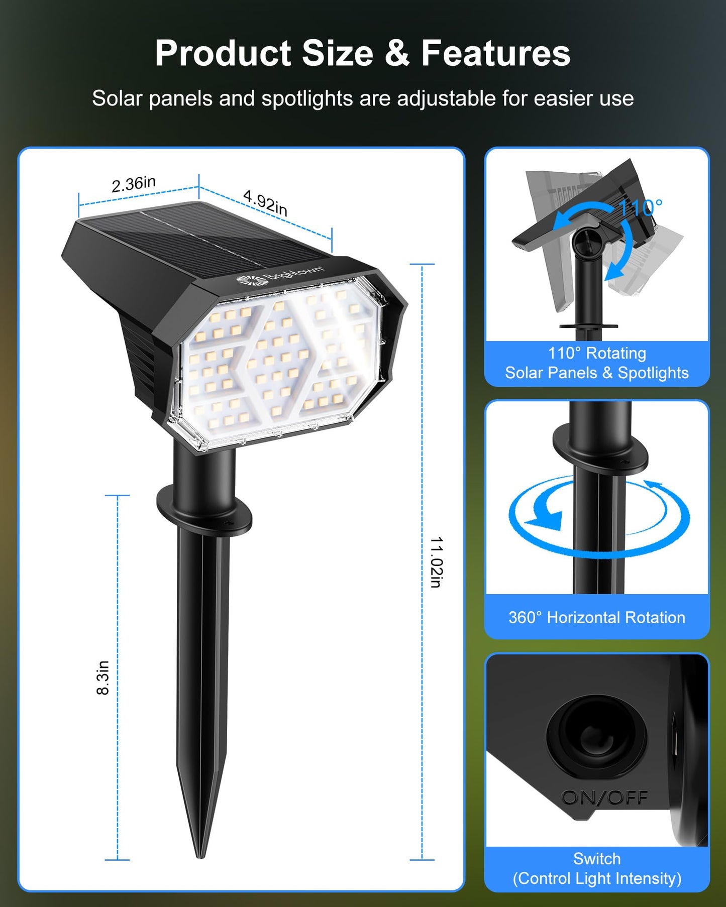 Brightown 4Pack Solar Spot Lights Outdoor with 58 LED & 1800mAh, IP67 Solar Lights Outdoor Waterproof with 3 Light Modes, 2-in-1 Dual Use Outdoor Solar Lights for Yard, Garden and Pathway (Cool White)