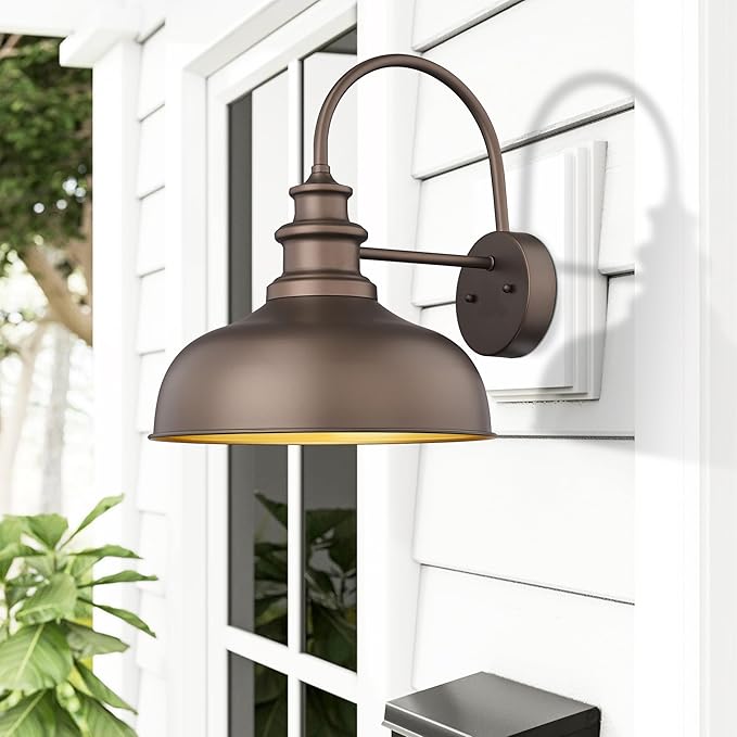 Bestshared Gooseneck Barn Light 14 Inch Dome Farmhouse Wall Sconce, Outside Wall Mounted Light, Exterior Lighting Fixture, Porch Lighs for Entryway, Garage,Patio (ORB+Gold, 14” Dome-2Pack)