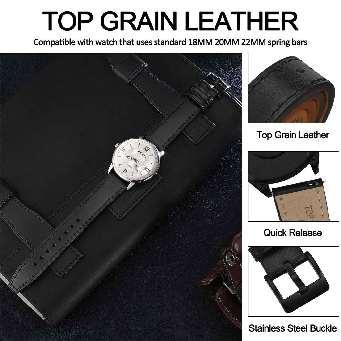 WOCCI 20mm Elite Watch Band, Top Grain Leather, Quick Release, Black Buckle (Black)