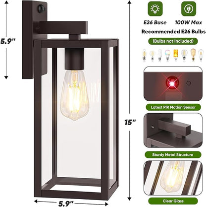 BesLowe Upgraded Motion Sensor Outdoor Wall Lights, 15” Dusk to Dawn Porch Lights Outdoor Wall Sconce Lanterns, 3 Lighting Modes Exterior Lighting Fixtures, Brown Outside Lights for House, 2-Pack