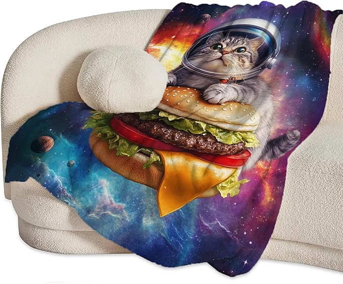 Funny Cat Decor Gifts - Flannel Fleece Fuzzy Cat Throw Blanket, Soft Warm Cozy Plush Food Blanket for Bed Couch Living Room, Stuffed Decoration for Kids Adult, 80"x60"