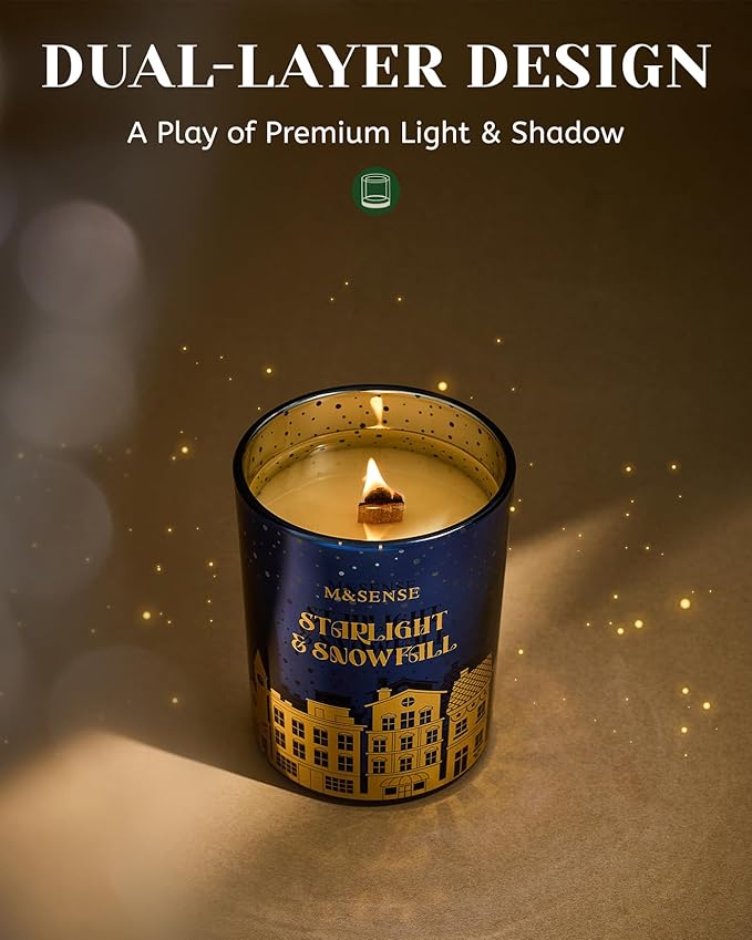M&SENSE Startlight Snow Scent Wooden Wick Winter Candle 18oz Clean Non Toxic Natural Soy Wax 100 Hours Burn Time Aromatherapy Large Candle for Christmas Housewarming Gifts & Bathroom Bedroom