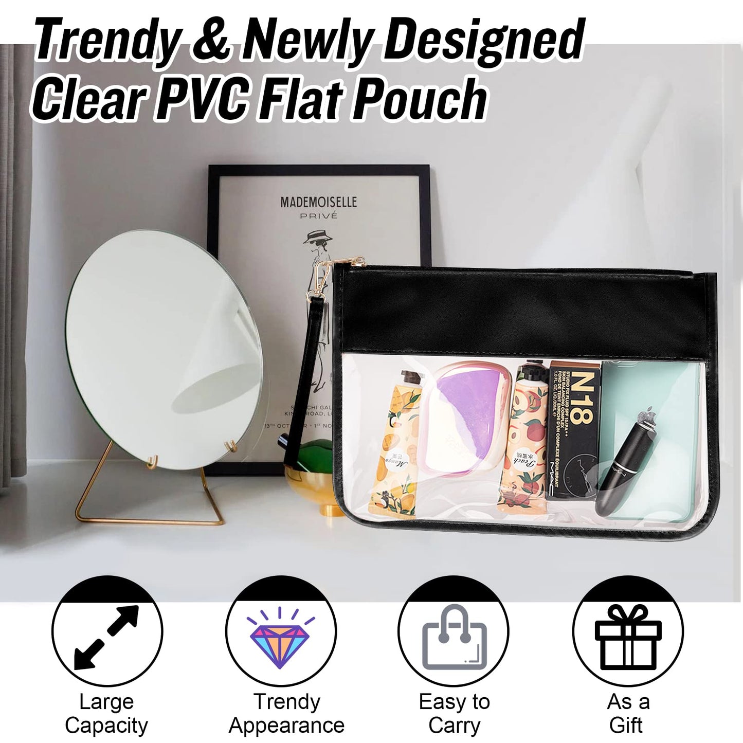 Izuzta Clear PVC Flat Pouch - Travel Makeup Bag With Wristlet, DIY Chenille Letter Bag, Waterproof Portable Toiletry Cosmetic Pouch for Women Girls (Black)