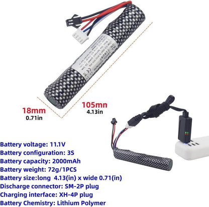 1PCS 3S 11.1V 2000mAh Li ion Battery with SM-2P Plug Connector and USB Charging Cable, Suitable for Airsoft Gel Water Droplet Blaster Air Gun Gel Ball Shock Wave Replacement Battery