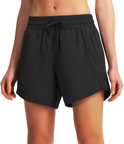 Ksmien Women's 5"/ 7" Athletic Running Shorts Quick Dry Lightweight Workout Gym Shorts with Zipper Pockets UPF 50+ Black S