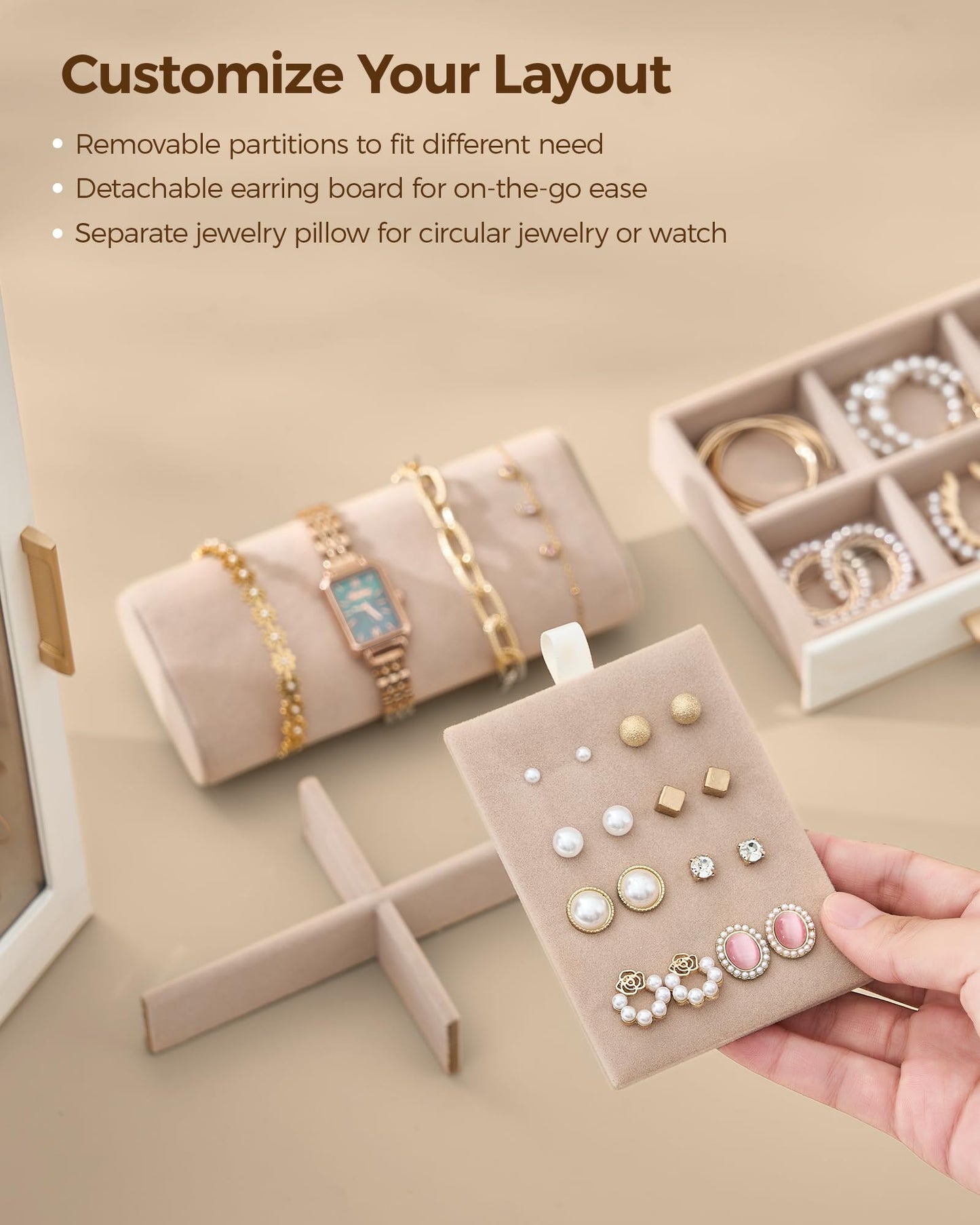 Glimmloop 360° Rotating Jewelry Box with 5 Drawers, Spacious Vertical Jewelry Organizer with Glass Window, Jewelry Storage Case, Dustproof & Moisture-resistant Design, White