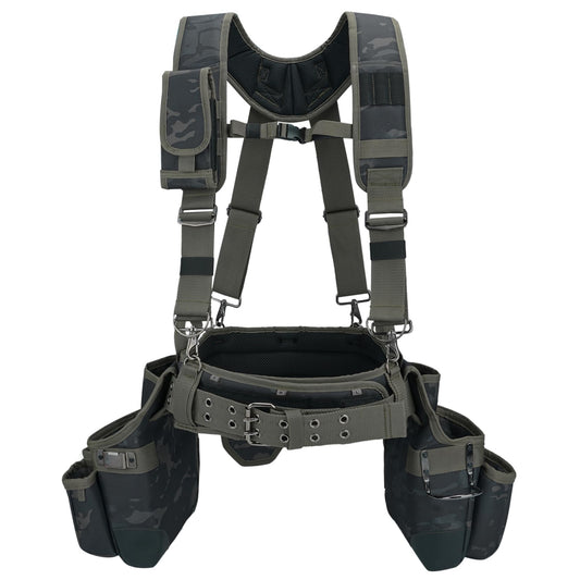 MELOTOUGH Camo Tool Belt with Suspenders Camouflage Tool Pouch Organizer Supenders Framers Combo Apron Tool Belt Construction Tool Bag Suspenders Heavy Duty Carpenter Suspension Rig (Green Camo)