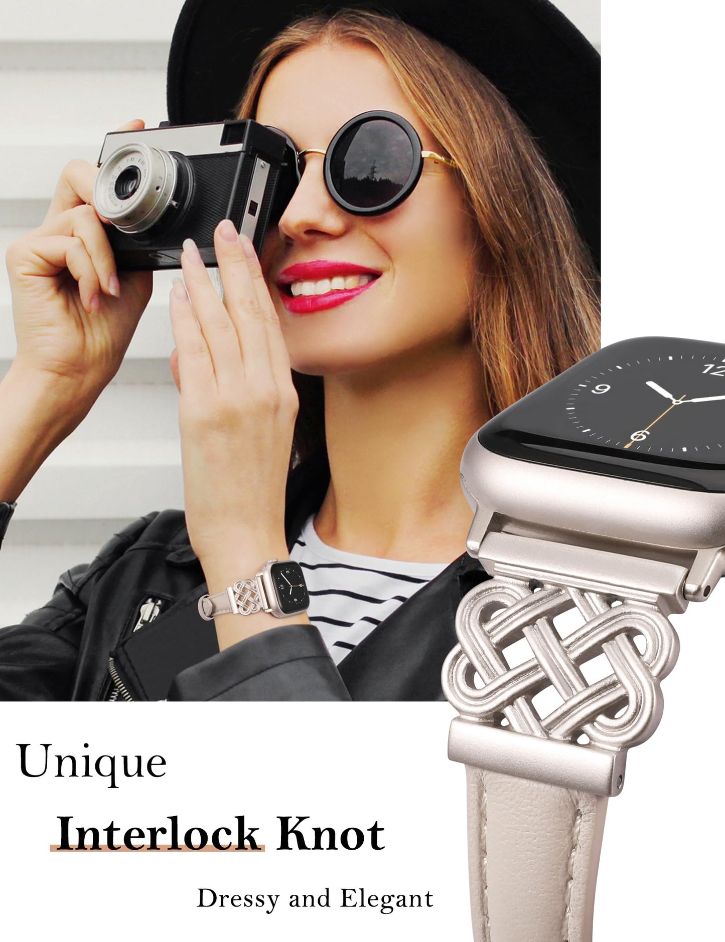 TOYOUTHS Compatible with Apple Watch Bands Women 38/40/41/42mm Dressy Slim Leather Strap with Designer Celtic Knot Interlock Buckle Bracelet for iWatch Series 11 10 9 8 7 6 5 4 SE 3 2 1, Starlight