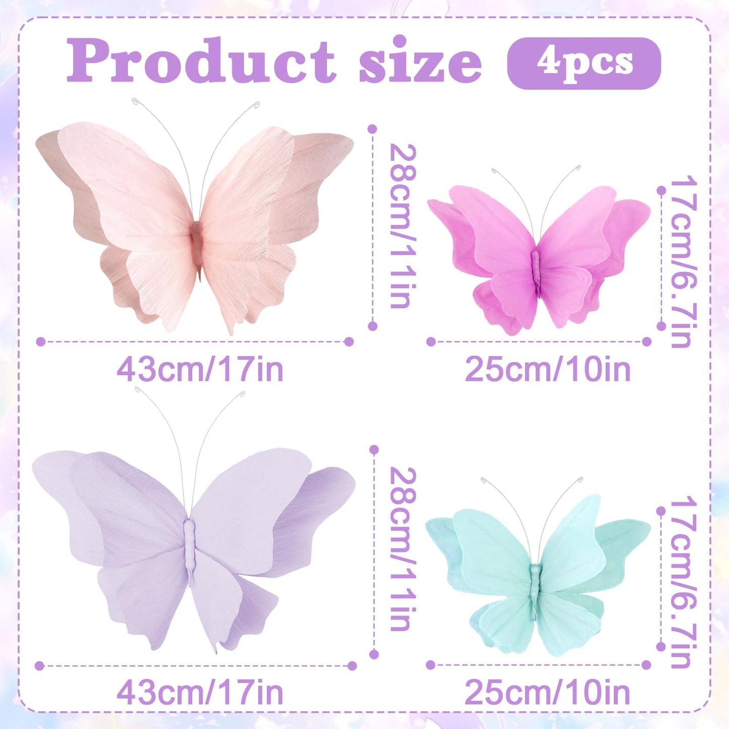 OBBOLO 3D Hanging Butterfly Decorations, Butterfly Birthday Party Decorations, 4 Pcs Crepe Paper Butterfly Hanging Decorations for Girls, Women, Flower Garden Party Decorations