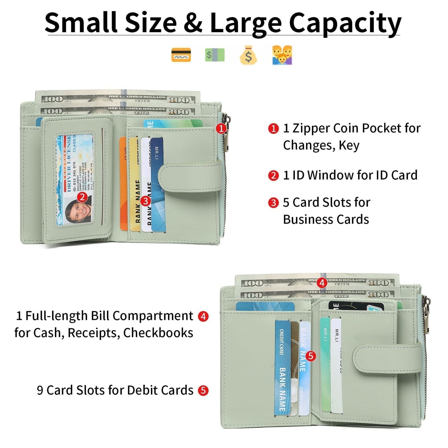 GAEKEAO Small Wallet Women Vegan Leather RFID Blocking Bifold Ladies Compact Card Holder with Zipper Pocket & ID Window