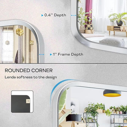 Brushed Nickel Bathroom Wall Mirror, Silver Metal Framed Large Rounded Corner Rectangle Mirror, Tempered Glass, Shatter Proof, Hangs Horizontally or Vertically (30" x 55", Silver)