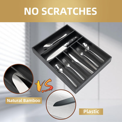 Besilord Silverware Organizer Kitchen Drawer Organizer Utensil Organizer Bamboo Silverware Holder Cutlery Organizer in Drawer Flatware Organizer Tray(7 slots, Black