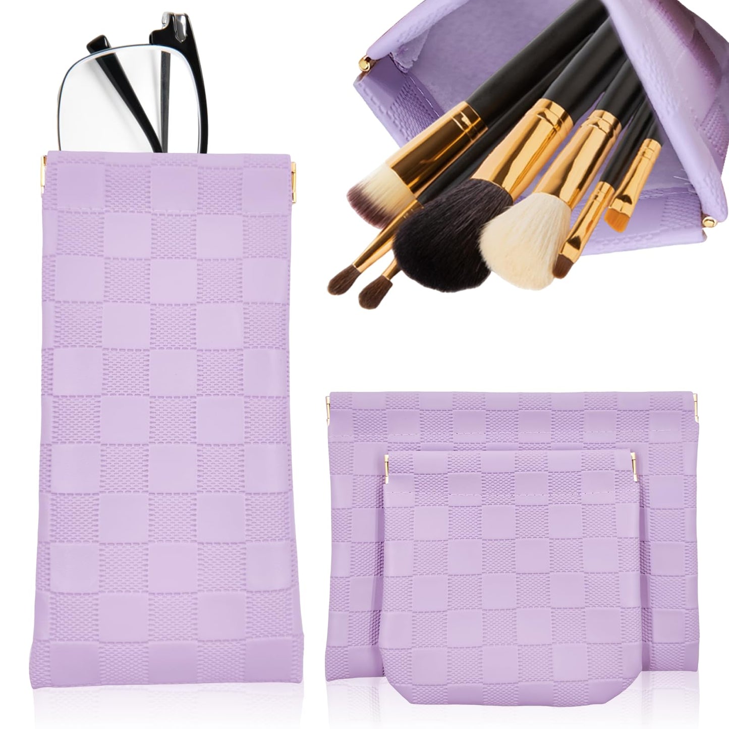 3PCS Small Makeup Bag for Women, Mini Cosmetic Bags Leather Pocket Pouch Purse,Snap Closure Waterproof Portable Bag,Checkered Storage Travel Bag for Lipstick Change Glasses Coin Cards (Purple)