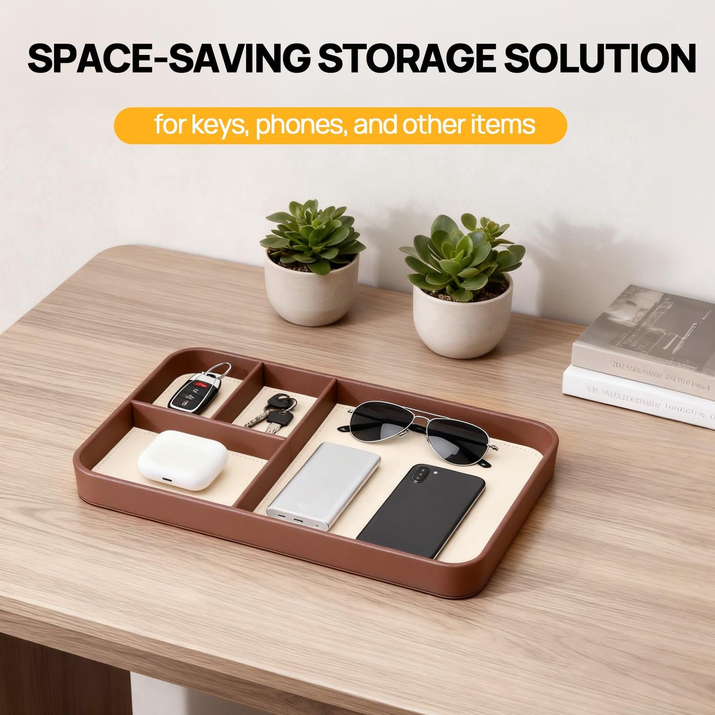 exsulity Leather Valet Tray, Stylish and Organized Multifunctional Tray, Nightstand & Desk Organizer, EDC Catchall for Keys Watch Jewelry Bedside Table Organizer