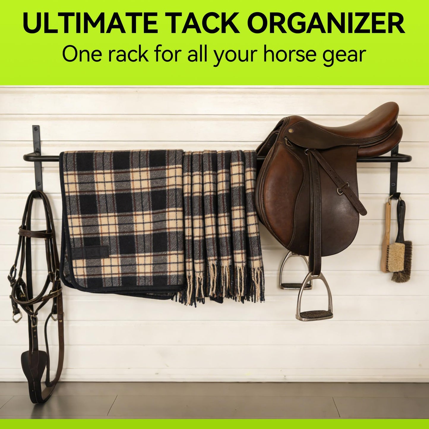 Zwinz 4Pcs Heavy Duty Horse Blanket Rack with Bridle Hooks, Wall Mounted Assembled Blanket Bar, Saddle Pad Rack for Horse Tack Storage, Black