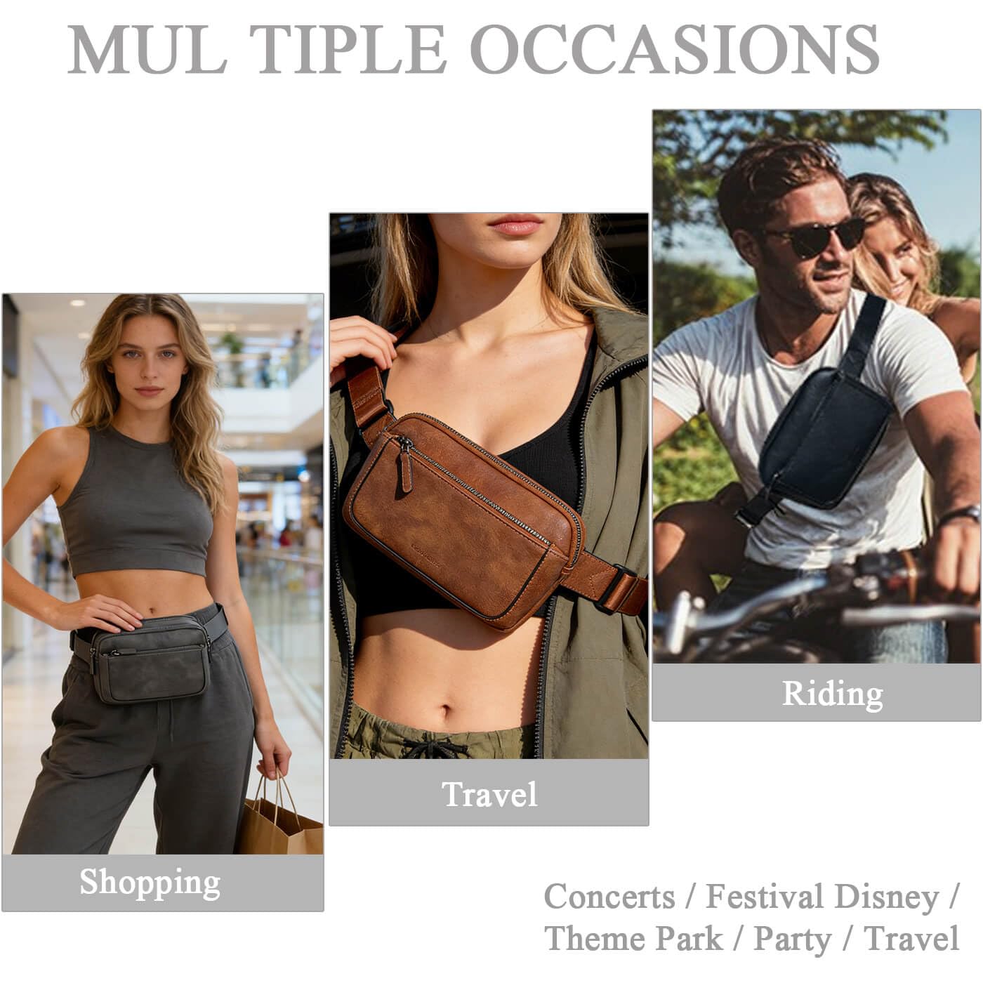 Fanny Packs for Women, Leather Vegan Belt Bag Crossbody Waist Bag Adjustable Strap, Large Fashion Everywhere Belt Bag, Black