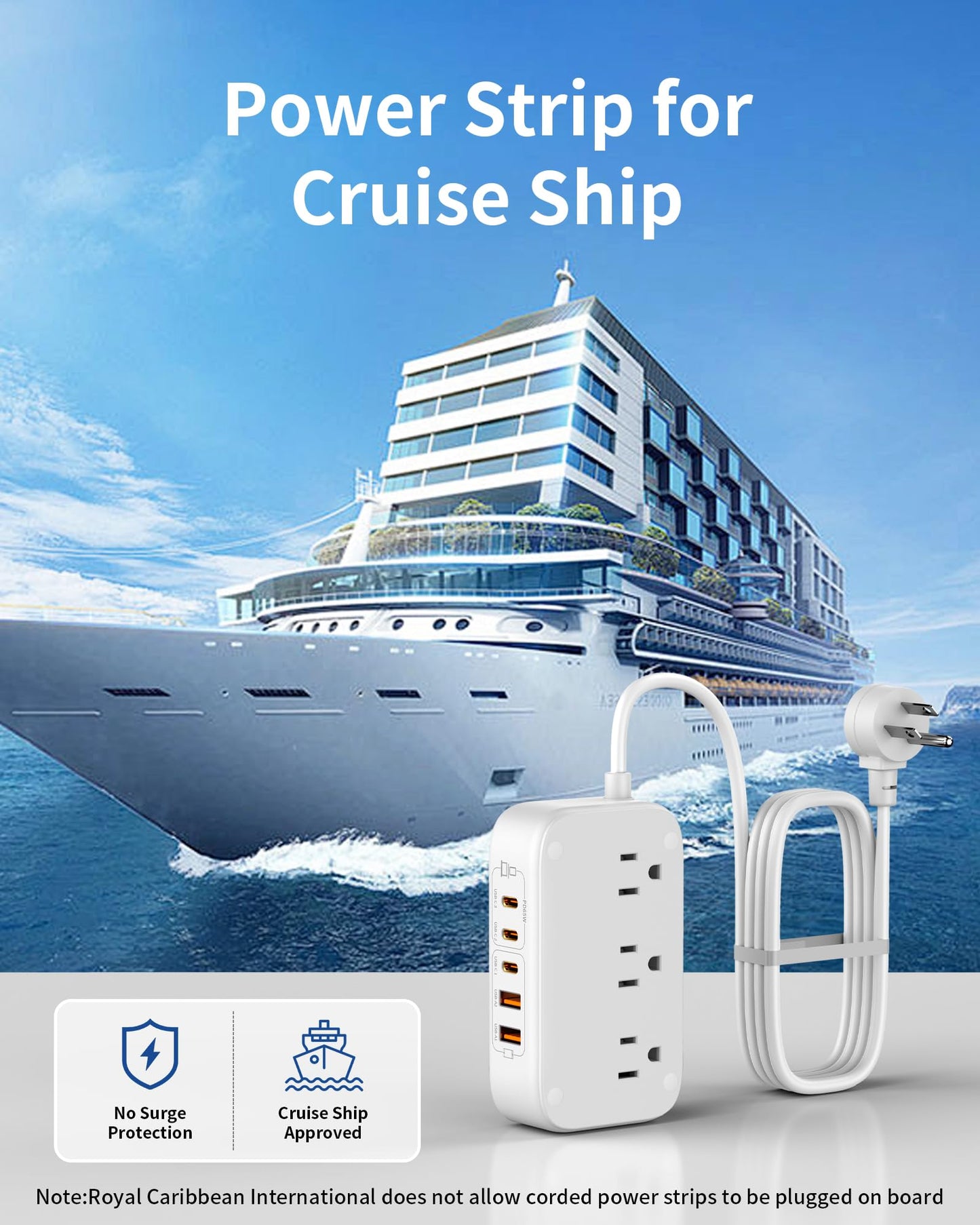 Portable USB Power Strip with 65W PD Fast Charging, 7-in-1 Flat Plug 3 USB-C 2 USB-A Ports 2500W AC Outlets, 175W Total Extension Cord for Home/Office/College/Travel (White)