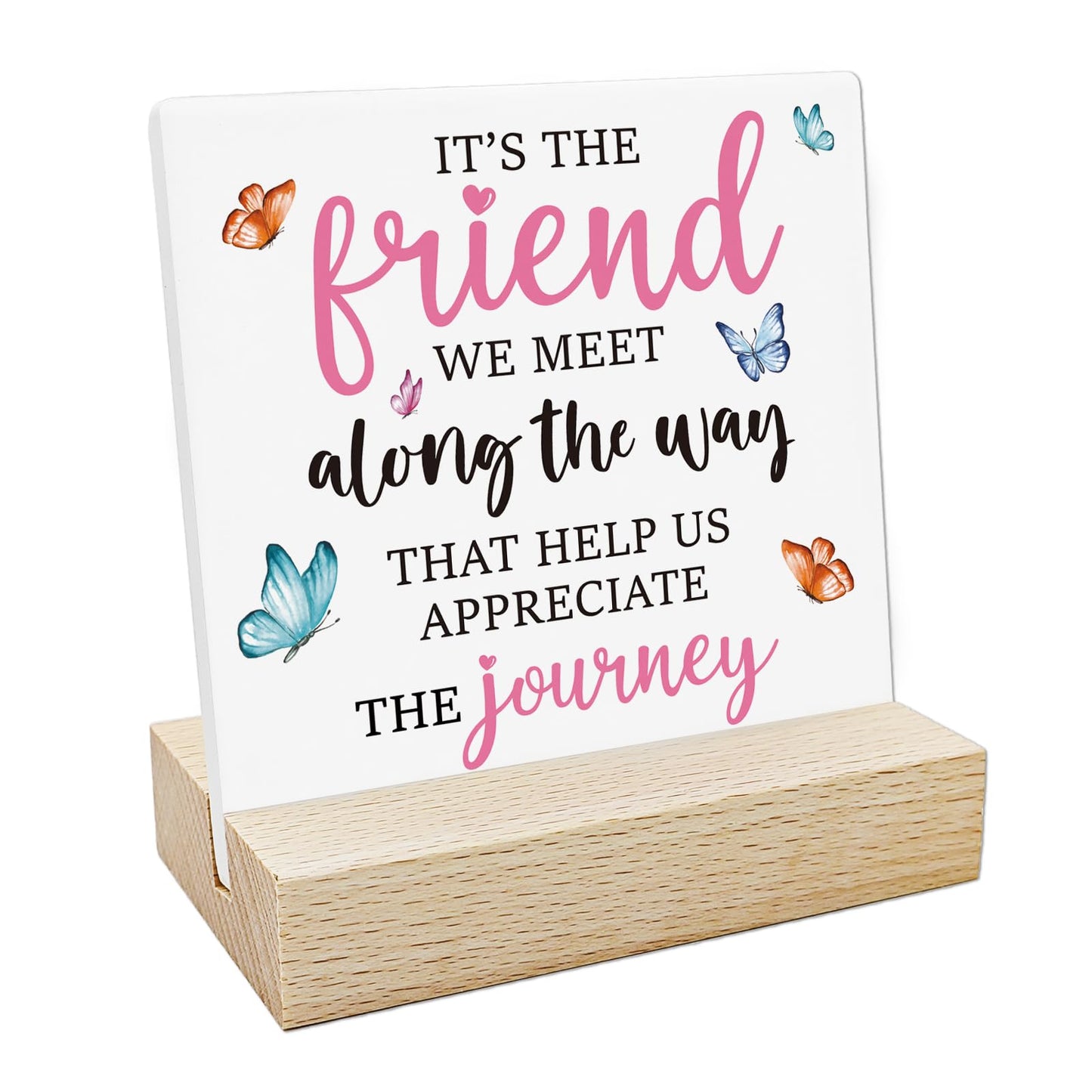 REWIDPARTY Friendship Gifts for Women Motivational Friendship Ceramic Sign Keepsake Christmas Birthday Gifts for Friend Colleague Ceramic Desk Sign Plaque with Wooden Stand for Home Office Decor