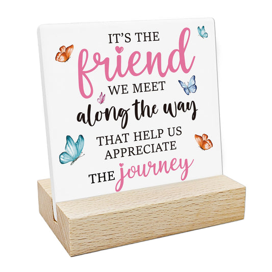 REWIDPARTY Friendship Gifts for Women Motivational Friendship Ceramic Sign Keepsake Christmas Birthday Gifts for Friend Colleague Ceramic Desk Sign Plaque with Wooden Stand for Home Office Decor