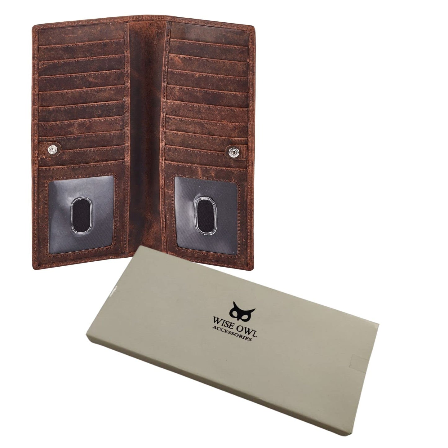 Long Wallet for Men Women Real Leather Bifold RFID Stylish Slim Handmade 2 ID Window Credit Card Holder in Gift Box (Cognac, Crazy Horse)