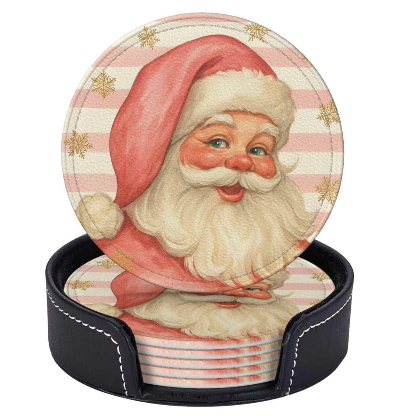 Pink Christmas Santa Claus Striped Coasters for Drinks, Drink Coaster with Holder Set of 6 Round Leather Cup Table Mats for Tabletop Protection Coffee Bar Decor