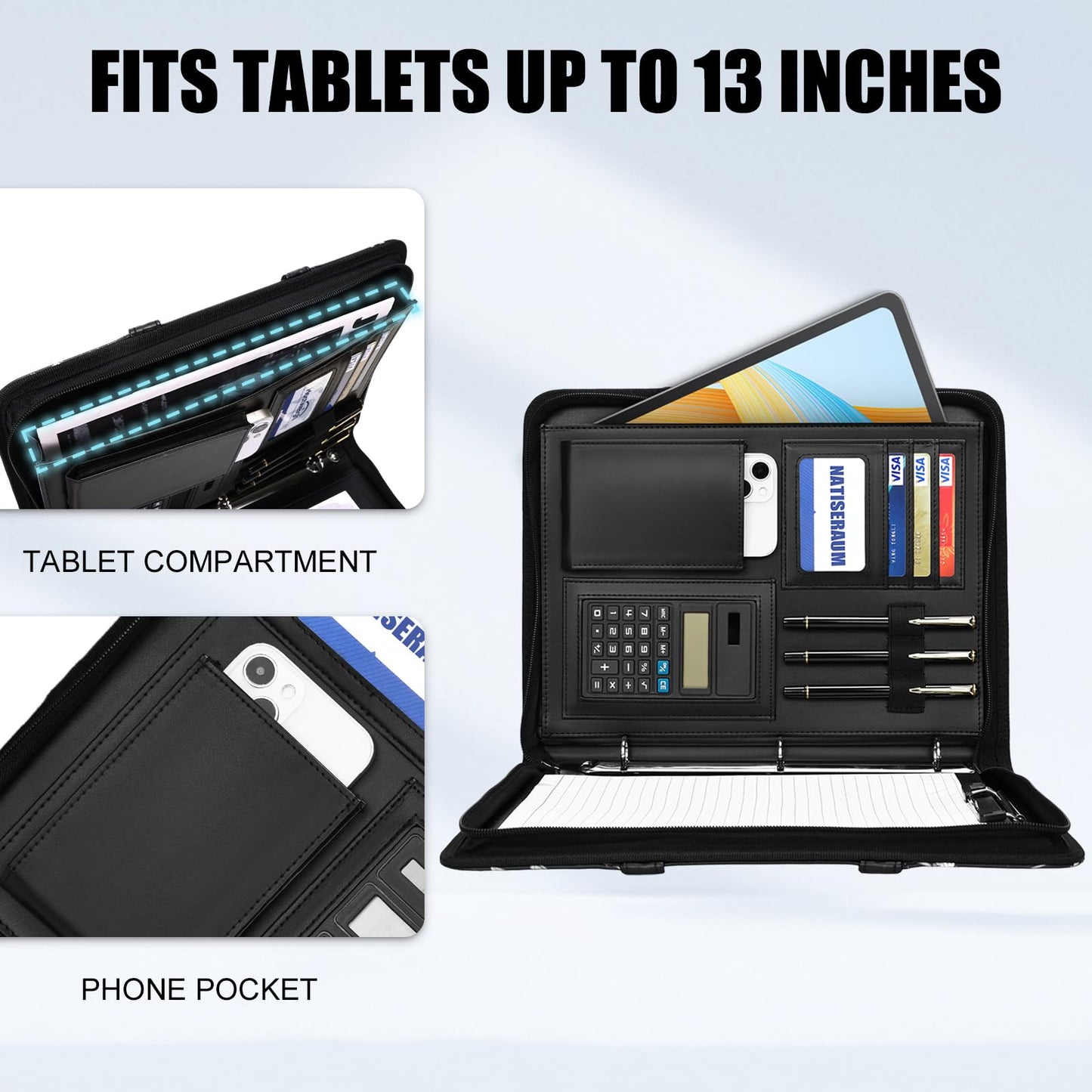 NATISERAUM Portfolio Binder 3 Ring Includes Pen and 5 Dividers with 10 Pockets, Padfolio Organizer with Magnetic Handle for Men and Women, Includes A4 Notepad for Business, School, Work