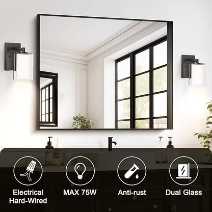Wall Sconces Set of Two: Bathroom Sconce of 2, Black Vanity Fixtures with Double Clear Glass Shade, E26 Base Hardwired Farmhouse Wall Lights for Bedroom Living Room Bathroom (Bulb not Included)