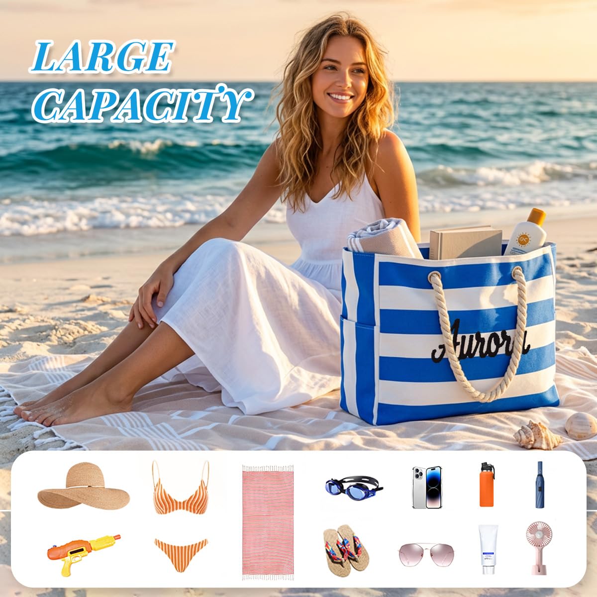 Ulico Personalized Beach Tote Bag for Women with Embroidered Name, Custom Large Waterproof Pool Bag with Zipper, Sandproof Swim Tote for Travel