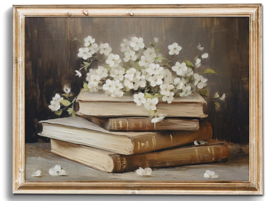 uniro Vintage Wall Art Prints Meadow Books and Flowers Canvas Oil Painting, Antique Cottage Artwork Light Academia Decor for Bedroom Bathroom Decor (8" x 10"-UNFRAMED)