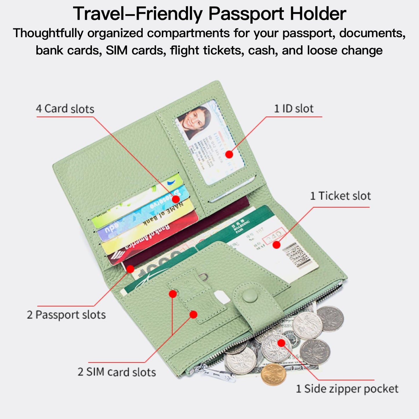 Genuine Leather RFID Blocking Passport Holder Wallet, Multi-Functional Travel Document Organizer with SIM Card Slots (Dark Khaki)