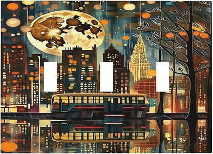 City Light Moon Bus Abstract Art Light Switch Covers 3 Gang Triple Toggle Wall Plate Decorative Switchplate Electrical Faceplate for Farmhouse Living Decor