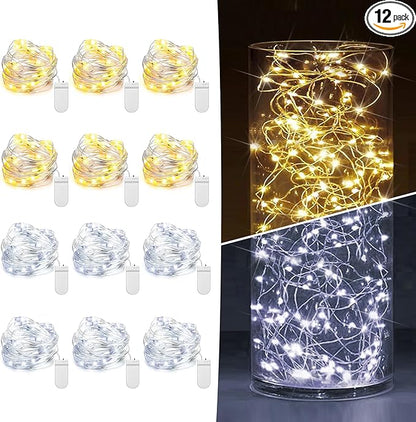 12 Pack Fairy Lights Battery Operated 7ft 20 LED Mini String Lights Twinkle Lights Silver Wire Firefly Starry Lights for Mason Jars Wedding Party Christmas Centerpiece Decor, Warm White & Cool Whtie