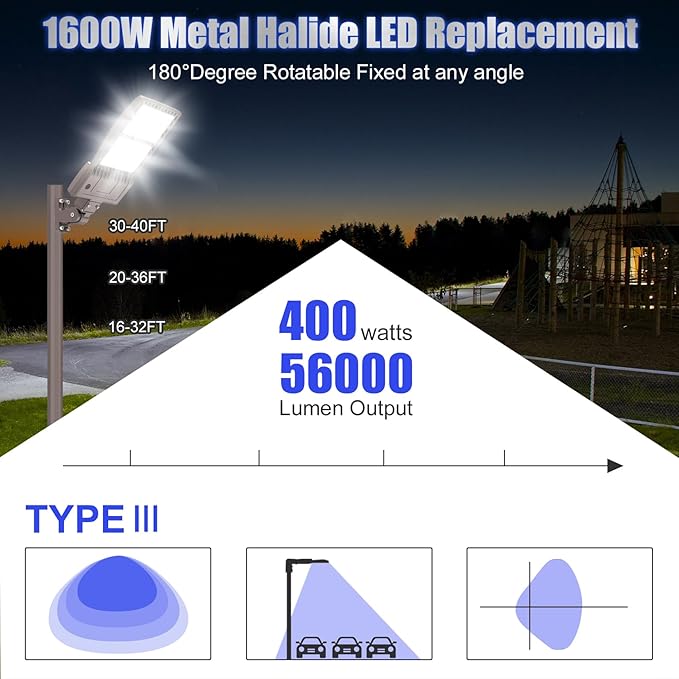 BBESTLED 400W LED Parking Lot Light 56000 Lumen, UL DLC Parking lot Flood Lights with Arm Mount, Street Area IP65 5000K Waterproof 100-277VAC Input, Outdoor LED Stadium Pole Light