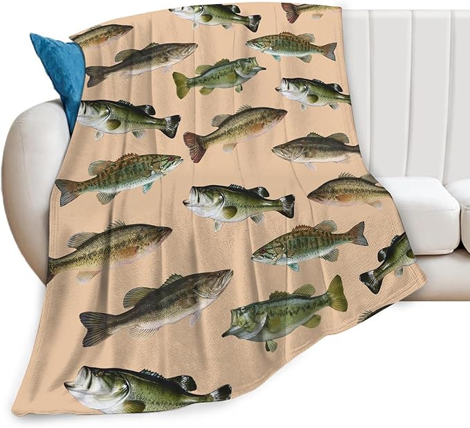 Fish Bass Blanket Decor Gifts for Fishing Lovers Flannel Fleece Fuzzy Throw Blanket Soft Warm Cozy Plush Ocean Animal Blanket for Bed Couch Living Room Stuffed Decoration for Kids Adult Man 80"x60"