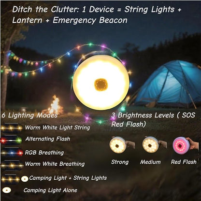 Camping String Lights Solar USB Rechargeable, Retractable String Lights Camping 4 in 1 Led Roll Up Waterproof Outdoor Hanging Fairy Lights 33FT with 8 Modes for Tent Garden Party Festival