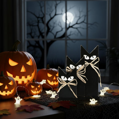 HH Family Halloween Table Decorations Black Cat Rustic Wooden Party Decor for Tabletop Shelf or Mantel (3 Black Cats)