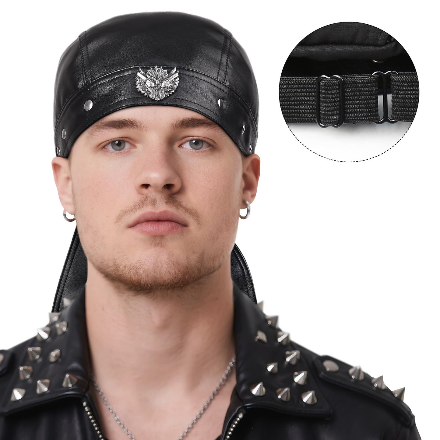 NTAWYT Leather Biker Hats for Women Cycling Skull Cap Adjustable Doo Rag Black Bandana