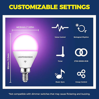 Lightinginside E12 Smart Light Bulbs 50W Equiv., G16.5 RGBCW Candelabra Chandelier Ceiling Fan Smart Bulb Works with Alexa/Google Home/Smart Life, 5W 550LM, 2.4G WiFi Bluetooth Bulb, ETL Listed, 1PC