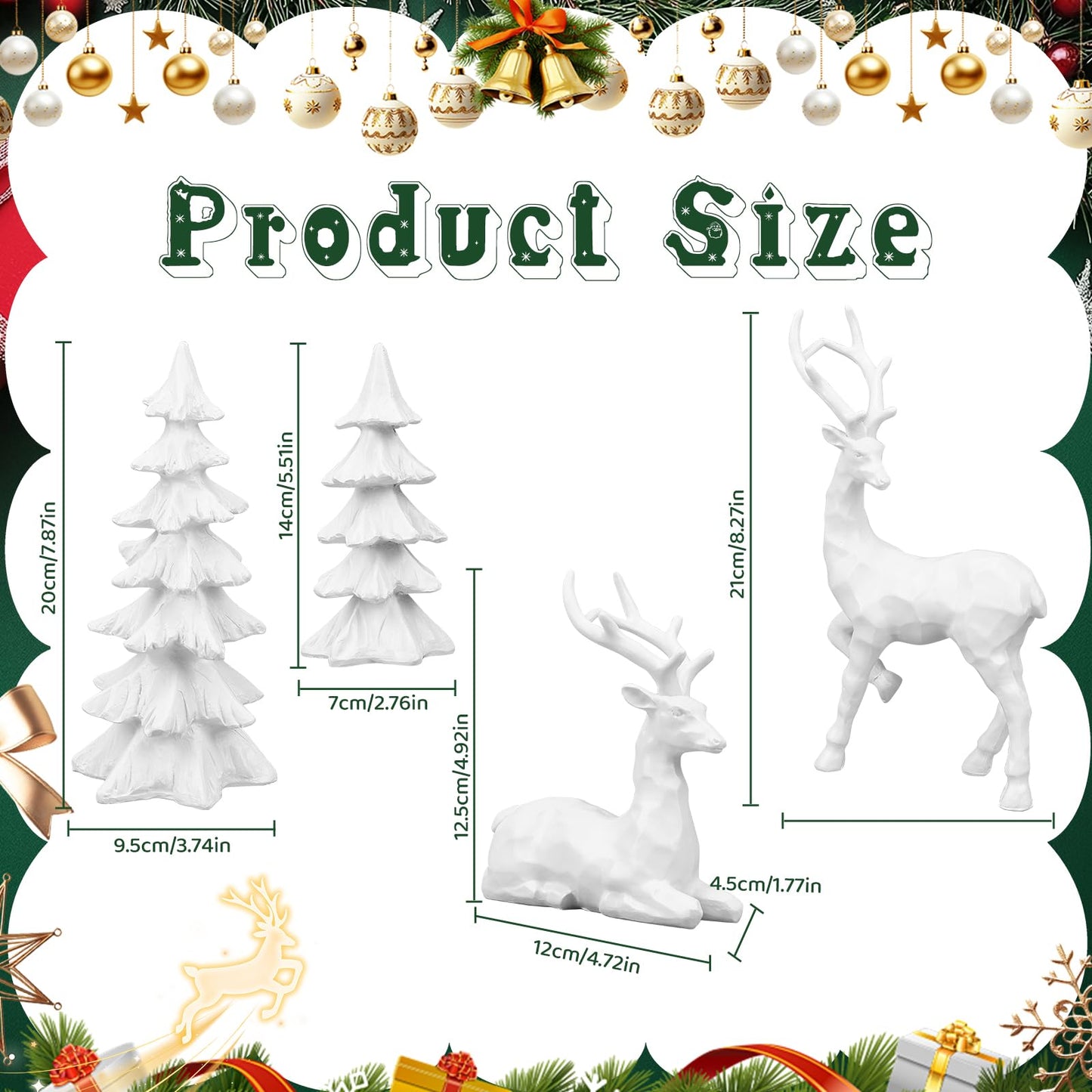 2 Pcs Christmas Tree Figurines and 2 Pcs Christmas Reindeer Figurines, White Tabletop Christmas Decorations Resin Christmas Tree and Elk Statues for Table Centerpieces Desk Shelf Fireplace Decor