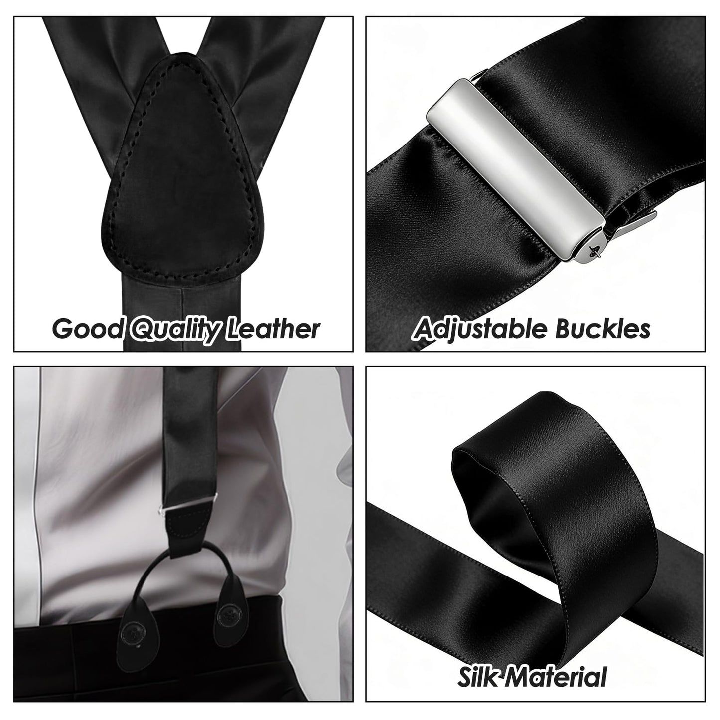 Yearntown Silk Suspenders for Men Black Tuxedo Formal Y Back Suspenders Men 54inch Formal Button End Braces for Tuxedo Pants(Trendy)