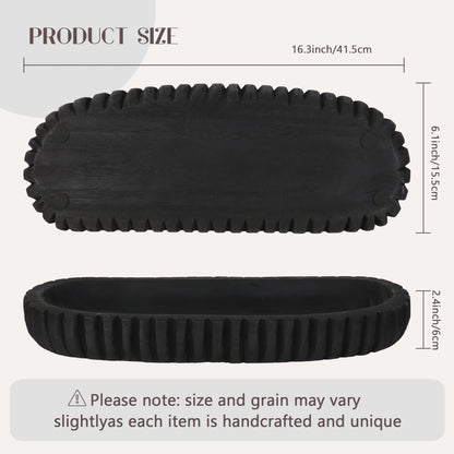 Oakrain Wooden Decorative Bowl for Home Decor, 16" Rustic Dough Bowl with Hand Carved Vertical Stripes, Long Wood Tray for Table Centerpieces, Matte Black