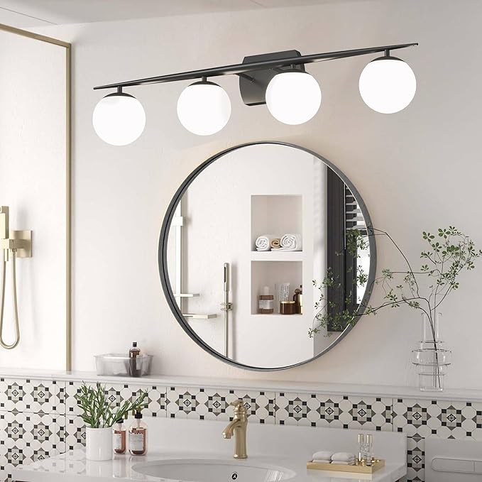 Black Vanity Lighting Fixtures, 4-Light 34.7 Inch Modern Bathroom Light with Milky White Frosted Glass Shades, Wall Lights for Bathroom, Bedroom, Living Room（G9 Bulb not Included）