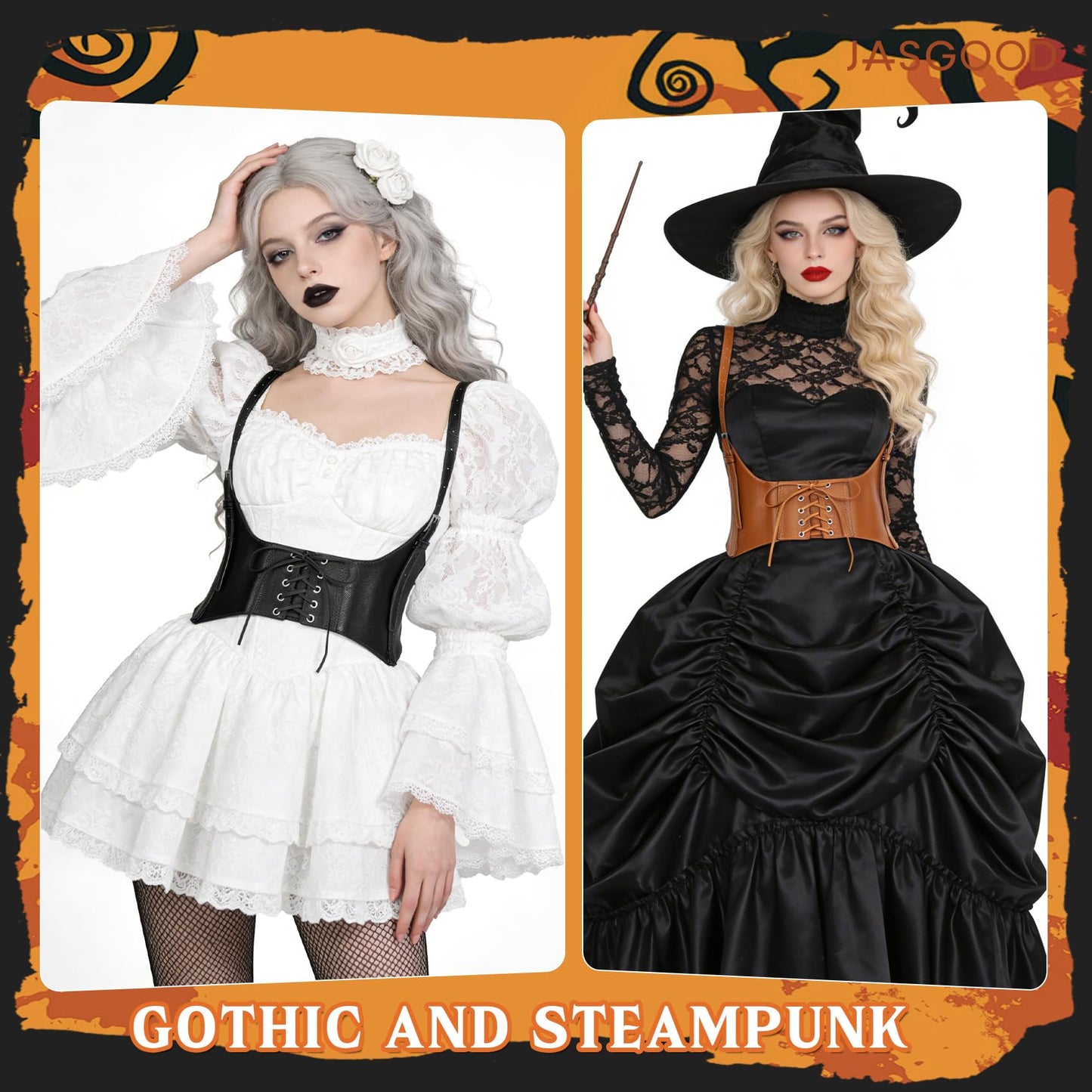 JASGOOD Women Faux Leather Corset Waist Belt Elastic Wide Underbust Corset Lace-up Steampunk Waspie Belt For Halloween