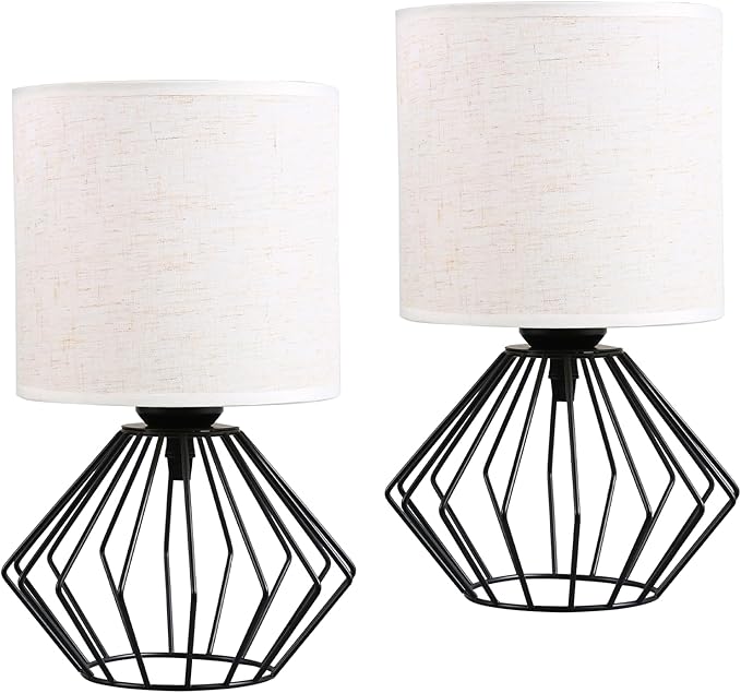 Hamilyeah Bedside Lamps Set of 2, Black Table Lamps with Beige Linen Fabric Shade, Industrial Lamps for Night Stands with On/Off Switch, Modern Simple Desk Lamps for Bedroom, Living Room