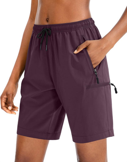SANTINY Women's 5''/ 7''/9'' Hiking Cargo Shorts Quick Dry Lightweight Summer Shorts for Women Athletic Golf Zipper Pockets(Wine_L)