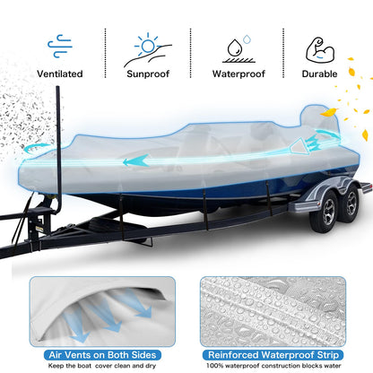 Solim Waterproof 1200D PU Boat Cover with Motor Cover, 14-16' Heavy Duty Marine Grade Trailerable Anti-UV Polyester Canvas, Fits 14-16ft Bass Boat, V-Hull, Fishing Boat, Runabout, Ski boat with Straps
