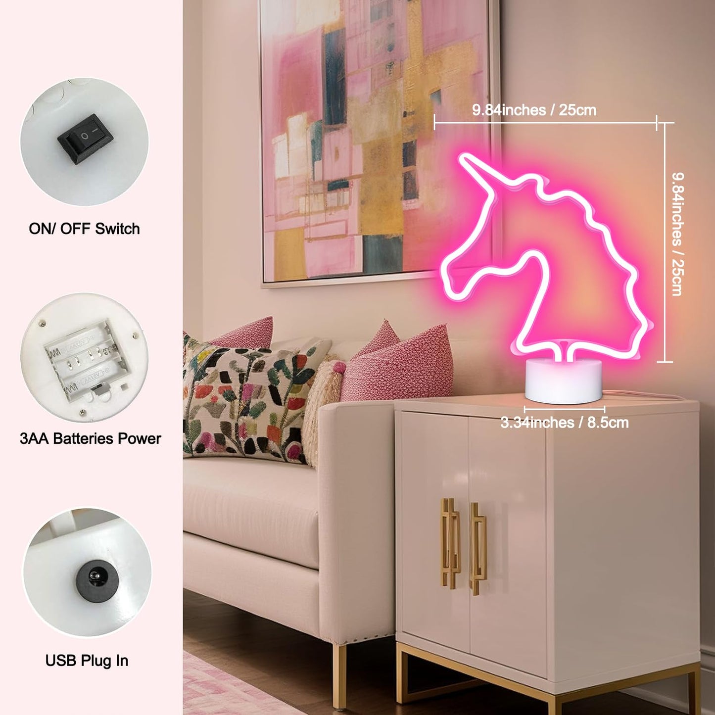 Unicorn Neon Sign with Holder Base, USB & Battery Powered, Pink Unicorn Neon Lights for Girs Room, Table Lamp Decor for Home, Bedroom, Living room, Bar, Office, Party, Christmas, Birthday Gifts