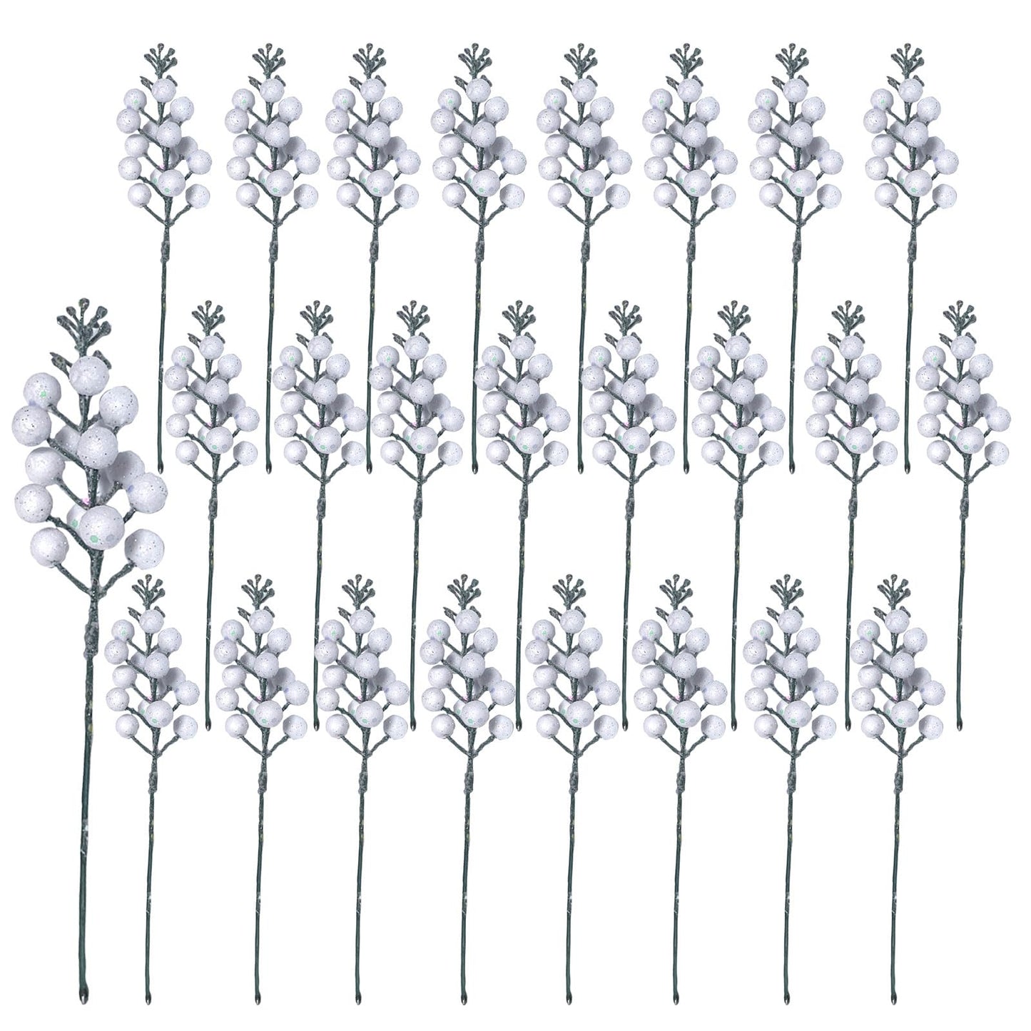 Uabwim 24Pack Christmas Picks Glitter Berries Stems Artificial White Berry Branches Holly Picks Stems Christmas Tree Ornaments for DIY Xmas Wreath Crafts Gifts Holiday Home Decor (White)
